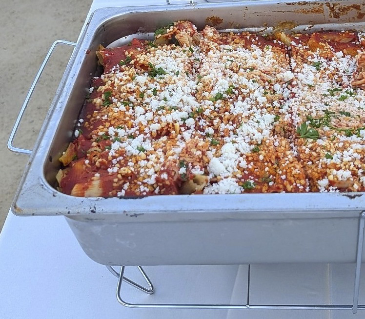 A full catering pan of Plant Ivy baked ziti
